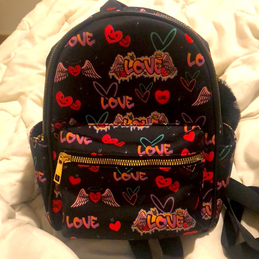 Like dreams love mini backpack with black rabbit fur keychain